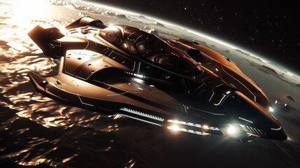 A sleek, brown spaceship flies past a distant planet