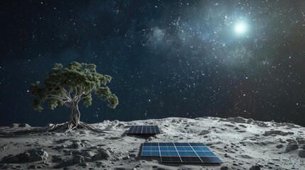 Futuristic iron tree with solar panels on the moon's surface, set against a cosmic backdrop of stars.