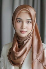 Fototapeta premium Woman Wearing a Brown Satin Hijab in a White Blazer