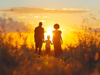 vibrant sunset field, black African american couple and child walking away, full view from behind, silhouette of a loving diversity black ethnic descendant family