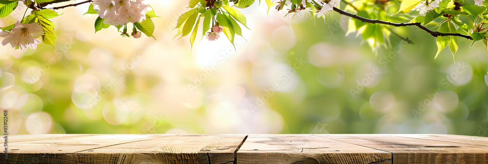 Poster empty wood table top and blurred green tree in the park garden background - can used for display or 
