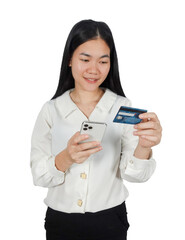 Smiling female person using smartphone and credit card