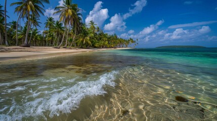 A wave rolls onto a white sand beach in a tropical paradise