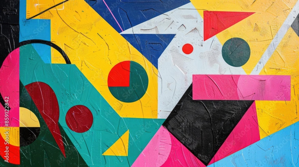 Poster abstract art with bright colors and geometric shapes, featuring dynamic patterns and bold contrasts.