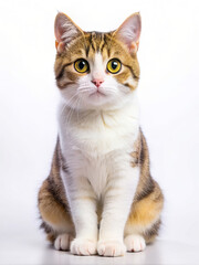 Obraz premium A brown and white cat sitting on white surface, looking at camera