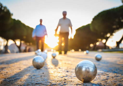 Metal balls of two retired men playing p&eacute;tanque in the park at sunset.