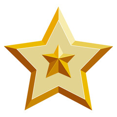 Five-pointed gold star with smaller embossed star in the center isolated on white background. Vector illustration