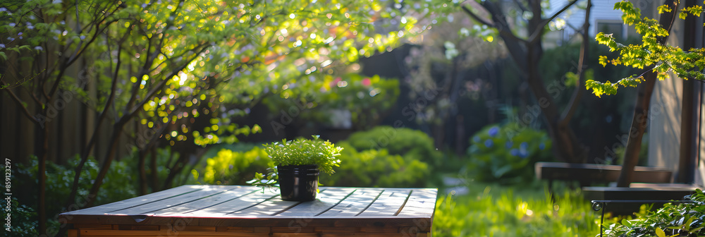 Poster empty wood table top and blurred green tree in the park garden background - can used for display or 