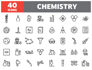 Set of 40 line icons chemistry. Outline icon collection. Editable stroke. Vector illustration.