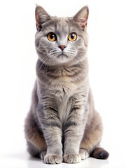 A gray cat with yellow eyes sitting on white surface, looking at camera