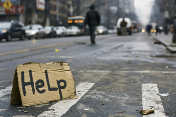 A sign asking for help lies on the asphalt. The concept of social advertising about helping those...