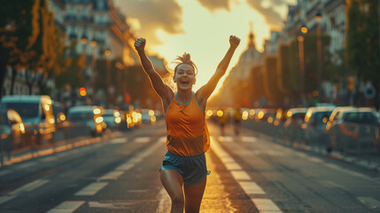 Caucasian athlete, at Paris street, celebrating a hard-earned victory at the Olympic Games