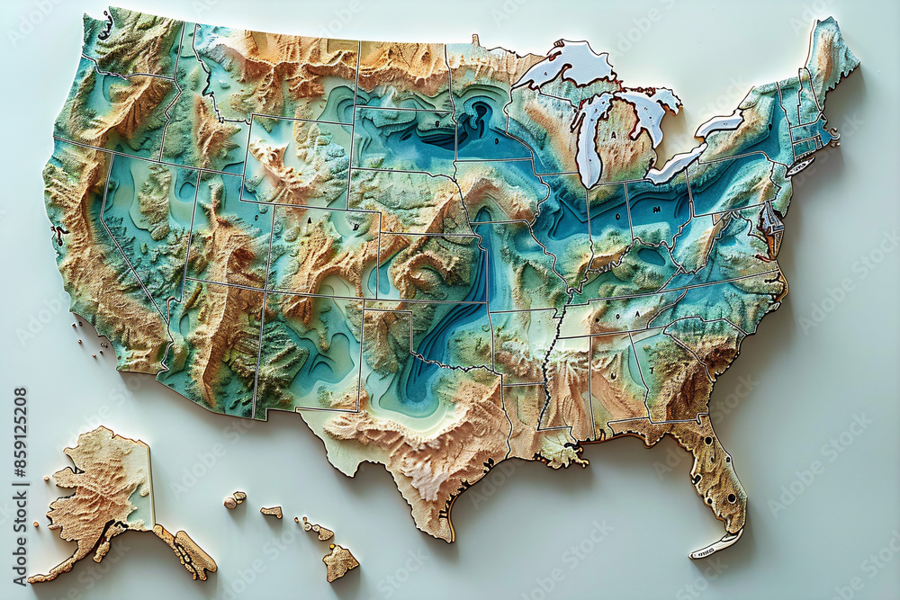 Poster a three-dimensional topographic map of the united states, artistically rendered with vibrant colors 