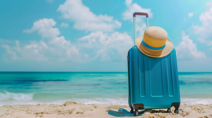 Relaxing Summer Vacation: Blue Suitcase on Tropical Beach with Straw Hat, Copy Space