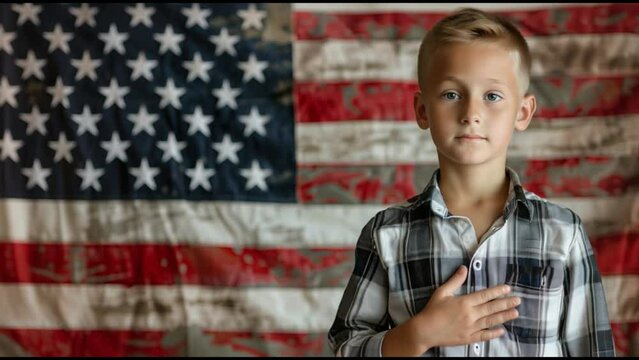 Young boy standing in front of an American flag pledging allegiance