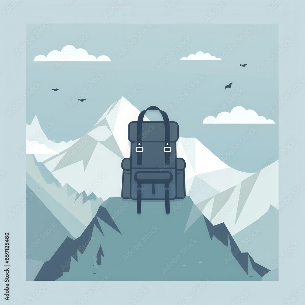 Aufkleber a minimalist illustration of a stylized backpack atop a mountain peak against a backdrop of a cloudy