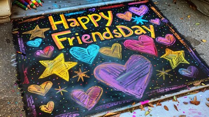An artistic chalk drawing on a sidewalk, featuring vibrant colors and the words "Happy Friendship Day" surrounded by hearts and stars.