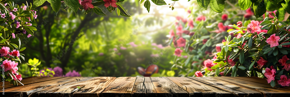 Poster empty wood table top and blurred green tree in the park garden background - can used for display or 