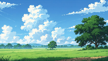 Anime style illustration of summer sky and grasslands for mobile game background.