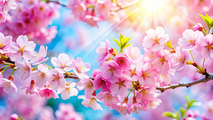 Obraz premium Close up of cherry blossom tree with sun shining through flowers