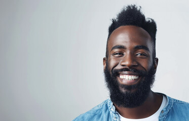 Obraz premium Humorous black man in his mid thirties smiling His eyes show a friendliness and kind He has both a mustache and a beard white background with copy space
