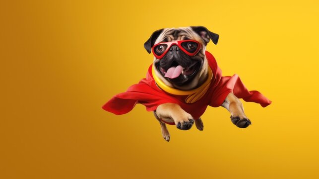 Adorable dog in red superhero cape and mask on yellow background, the concept of a superhero, super dog, leader, funny animal studio shot.