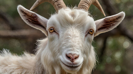 Fototapeta premium A close up of a white male goat with beautiful white A herd of goats on a small ranch. Goat head close up.Forest landscape background GENERATE AI, 