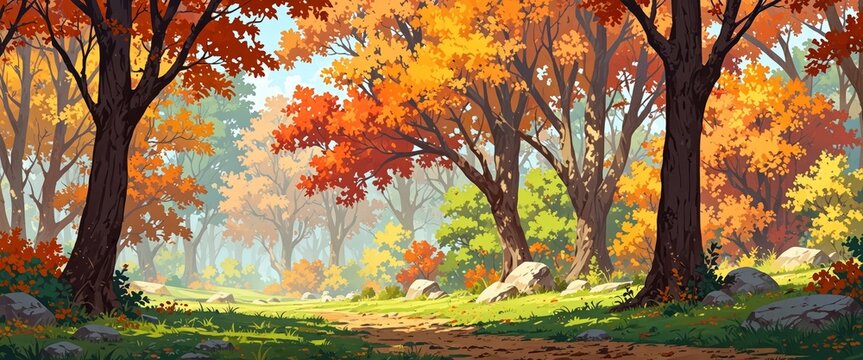 Autumn woodland forest background, wallpaper, anime.