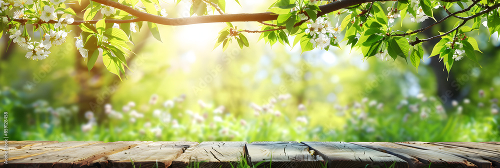 Poster empty wood table top and blurred green tree in the park garden background - can used for display or 
