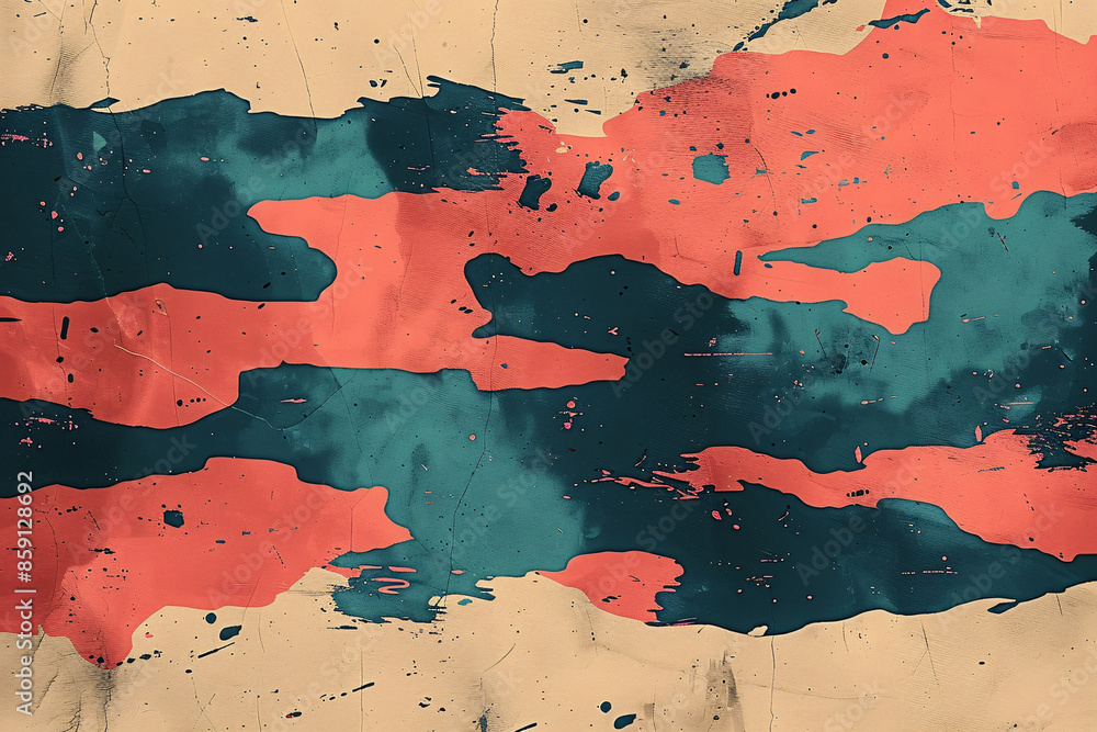 Poster bold abstract camouflage with vibrant coral red and deep teal patches on a distressed beige backgrou