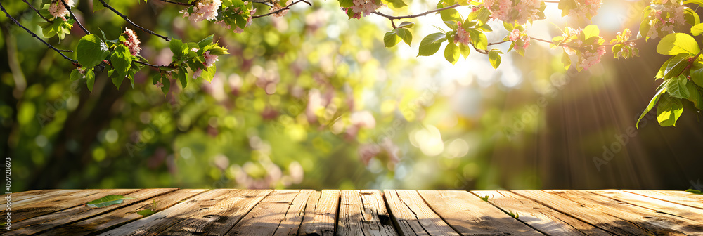 Poster empty wood table top and blurred green tree in the park garden background - can used for display or 