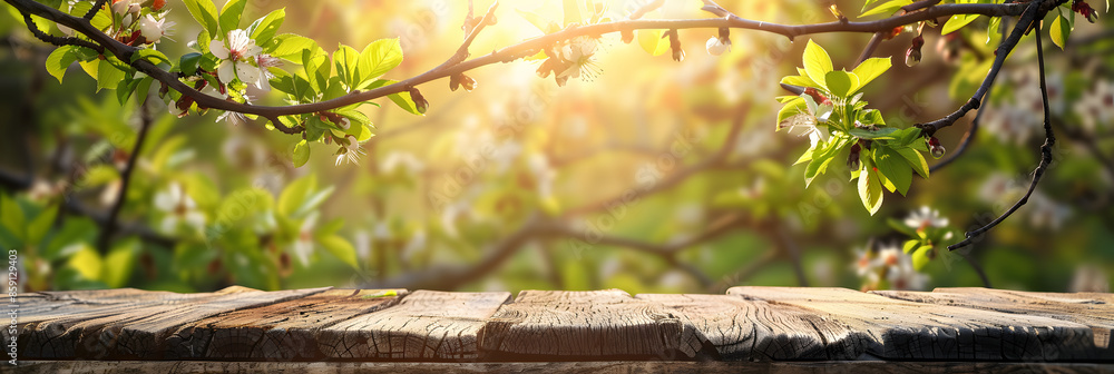 Poster empty wood table top and blurred green tree in the park garden background - can used for display or 