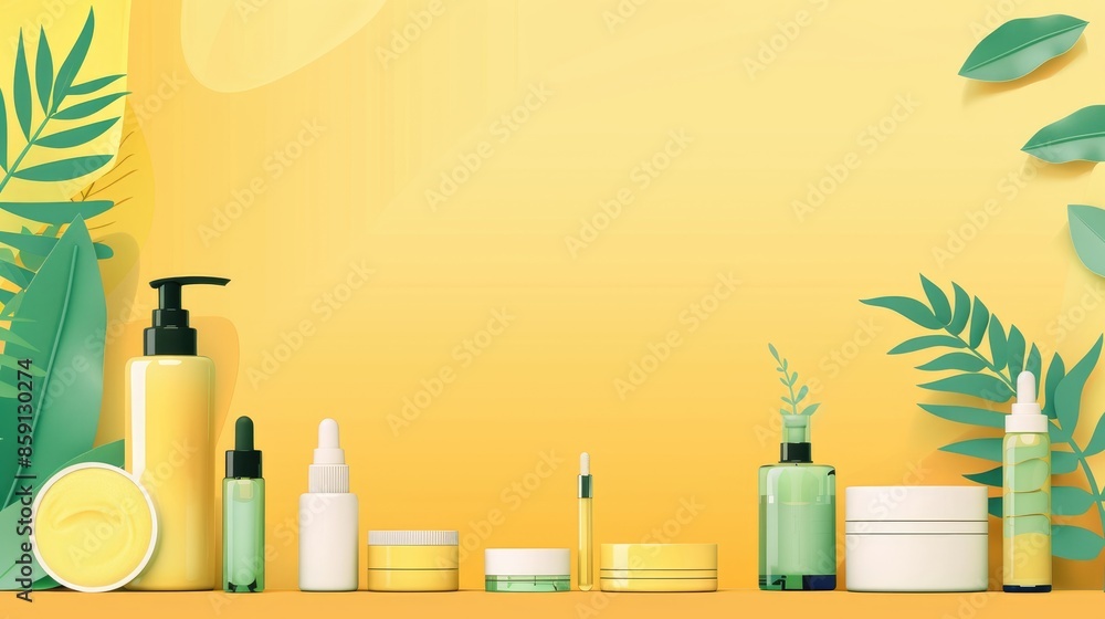 Wall mural Cosmetic Store Banner Design with Yellow Background and Products Displayed