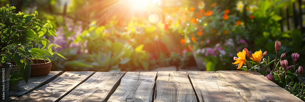 Poster empty wood table top and blurred green tree in the park garden background - can used for display or 
