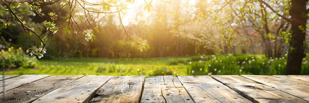 Poster empty wood table top and blurred green tree in the park garden background - can used for display or 