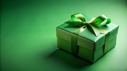 Fototapeta premium Green gift box with ribbon and bow on green background, perfect for birthday, christmas, or father's day celebration layout.
