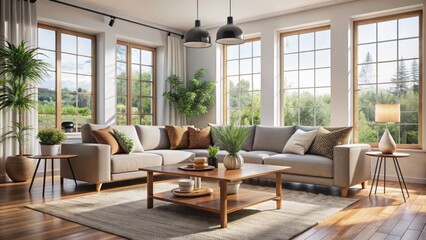Elegant modern scandinavian living room with plush sofa, sleek wooden coffee table, and large windows bathing in natural light.