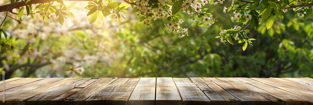 Poster empty wood table top and blurred green tree in the park garden background - can used for display or 