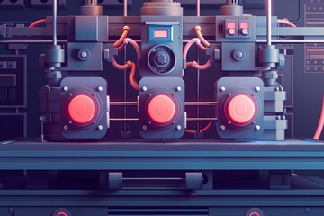 Close-up high-tech industrial printer with vibrant red and blue details, showcasing advanced manufacturing technology.