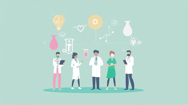Illustration of medical professionals in discussion with scientific icons depicting collaboration and research in healthcare.