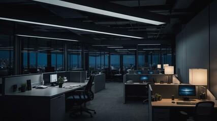 modern office cubicle with aesthetic dark lighting and night cloud outside that promotes calm and relaxing environment