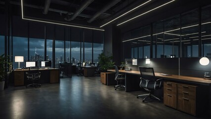 modern office print and copy area with aesthetic dark lighting and night cloud outside that promotes calm and relaxing environment