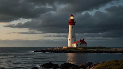 Naklejka premium A lighthouse stands tall on the coast, guiding ships with its beacon against the sea backdrop.