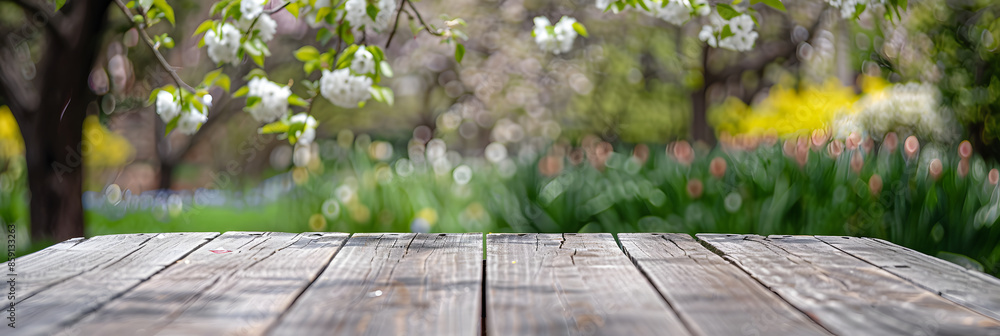 Aufkleber empty wood table top and blurred green tree in the park garden background - can used for display or 