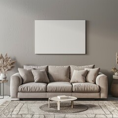 Beige Sofa and Coffee Table in Minimalist Living Room With Large Blank Canvas