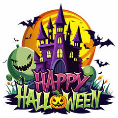 Happy Halloween text with a creepy castle in the background