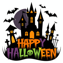 Happy Halloween text with a creepy castle in the background