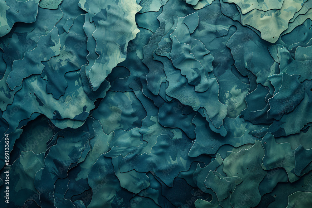 Poster layered, wavy textures in various shades of teal and dark green overlap intricately, creating a dyna