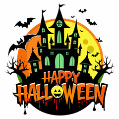 Happy Halloween text with a creepy castle in the background