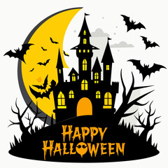 Happy Halloween text with a creepy castle in the background